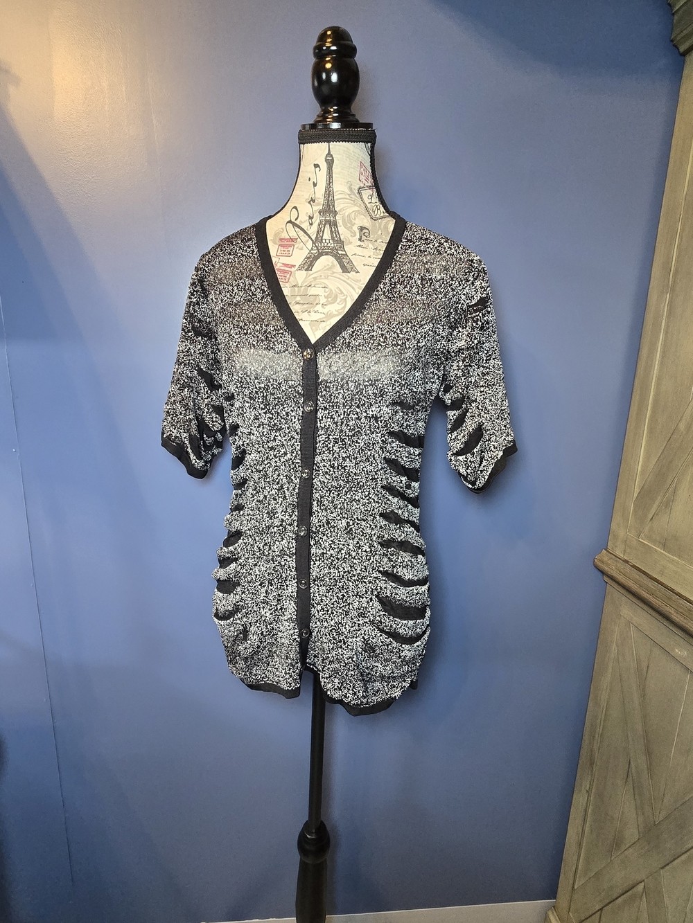 Alberto Makali Womens M Black Silver Metallic Sheer Button Front Top Cardigan